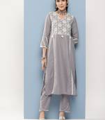 Grey Embroidered Cotton Blend A-Line Kurta Set