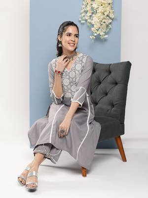 Grey Embroidered Cotton Blend A-Line Kurta Set 2