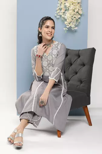 Grey Embroidered Cotton Blend A-Line Kurta Set