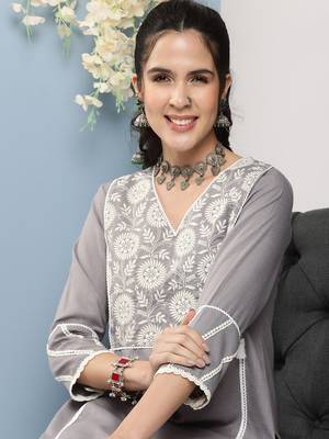 Grey Embroidered Cotton Blend A-Line Kurta Set 3