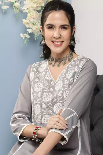 Grey Embroidered Cotton Blend A-Line Kurta Set
