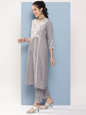 Grey Embroidered Cotton Blend A-Line Kurta Set 4