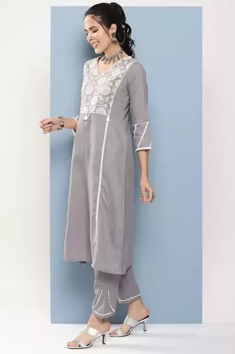 Grey Embroidered Cotton Blend A-Line Kurta Set