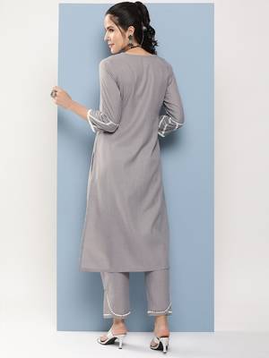 Grey Embroidered Cotton Blend A-Line Kurta Set 5