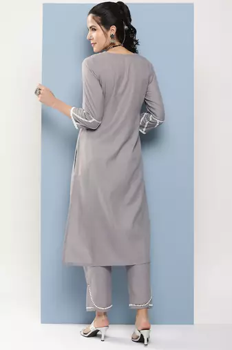 Grey Embroidered Cotton Blend A-Line Kurta Set