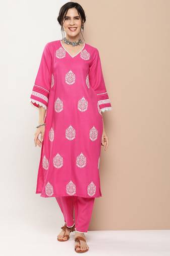 Pink Embroidered Cotton Blend Kurta Set