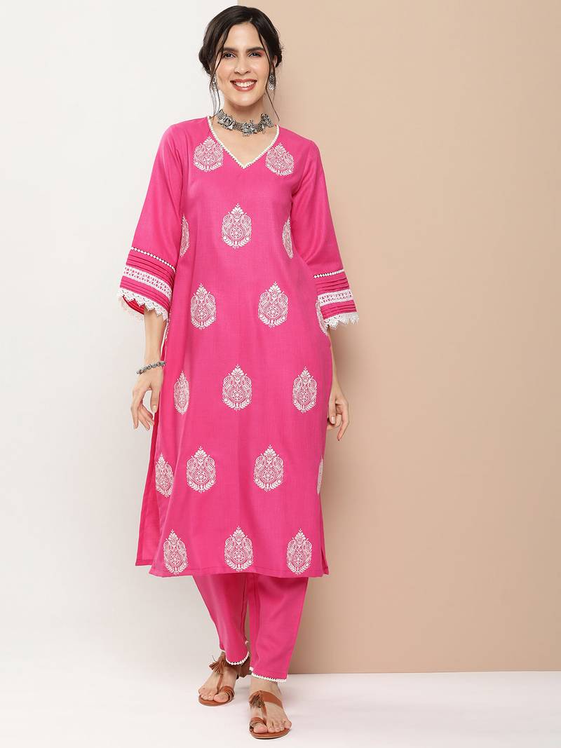 Pink Embroidered Cotton Blend Kurta Set