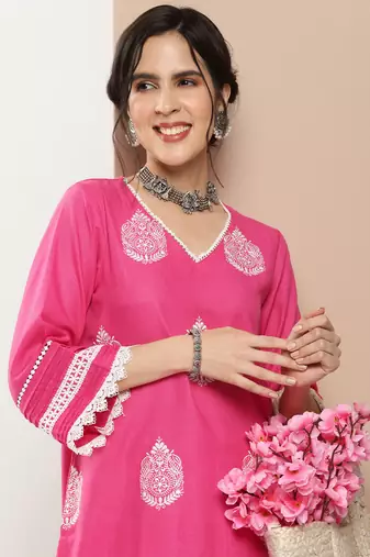 Pink Embroidered Cotton Blend Kurta Set