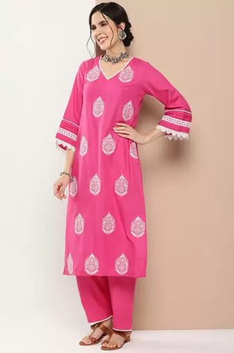 Pink Embroidered Cotton Blend Kurta Set