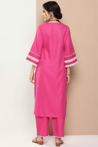 Pink Embroidered Cotton Blend Kurta Set