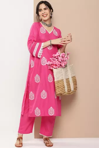 Pink Embroidered Cotton Blend Kurta Set