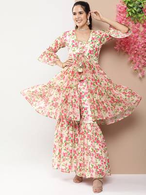 Beige Print Cotton Blend Flared Kurta Set 1