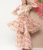 Beige Print Cotton Blend Flared Kurta Set