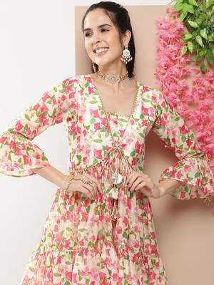 Beige Print Cotton Blend Flared Kurta Set 2