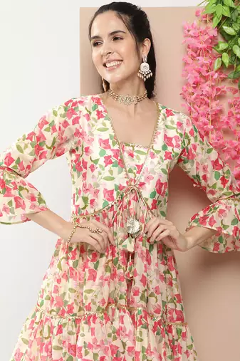 Beige Print Cotton Blend Flared Kurta Set