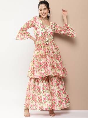 Beige Print Cotton Blend Flared Kurta Set 3