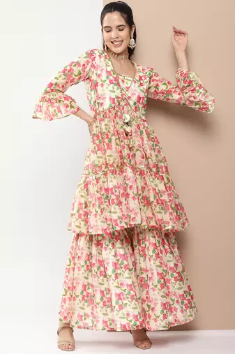 Beige Print Cotton Blend Flared Kurta Set