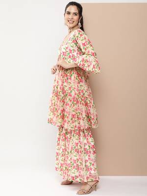 Beige Print Cotton Blend Flared Kurta Set 4