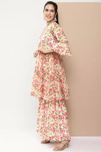 Beige Print Cotton Blend Flared Kurta Set