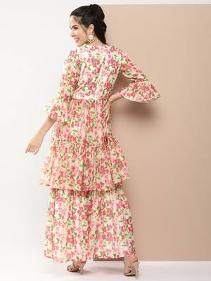 Beige Print Cotton Blend Flared Kurta Set 5
