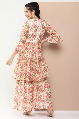 Beige Print Cotton Blend Flared Kurta Set