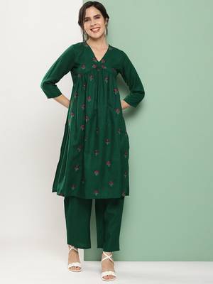 Green Embroidered Cotton Blend Flared Kurta Set 1
