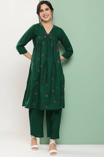 Green Embroidered Cotton Blend Flared Kurta Set