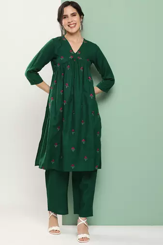 Green Embroidered Cotton Blend Flared Kurta Set