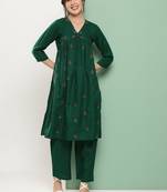 Green Embroidered Cotton Blend Flared Kurta Set