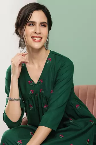 Green Embroidered Cotton Blend Flared Kurta Set