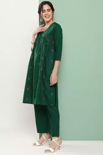 Green Embroidered Cotton Blend Flared Kurta Set