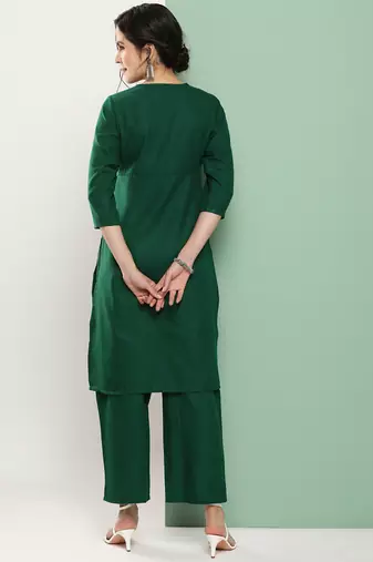 Green Embroidered Cotton Blend Flared Kurta Set