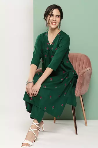 Green Embroidered Cotton Blend Flared Kurta Set