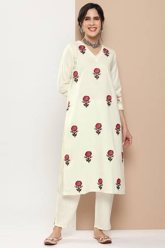 White Embroidered Cotton Blend Kurta Set