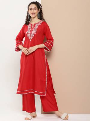 Red Embroidered Cotton Blend Kurta Set 1