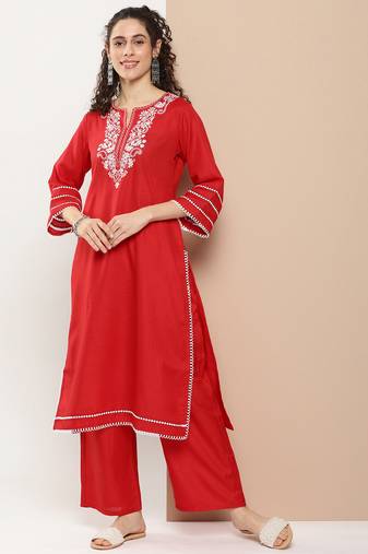 Red Embroidered Cotton Blend Kurta Set