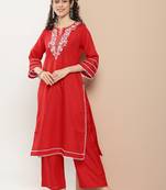 Red Embroidered Cotton Blend Kurta Set
