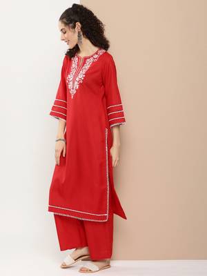 Red Embroidered Cotton Blend Kurta Set 3