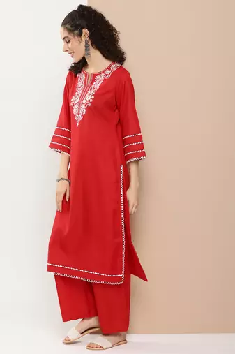 Red Embroidered Cotton Blend Kurta Set