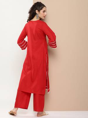 Red Embroidered Cotton Blend Kurta Set 4