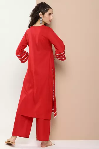 Red Embroidered Cotton Blend Kurta Set