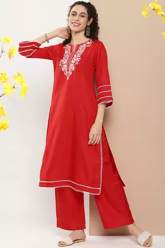 Red Embroidered Cotton Blend Kurta Set