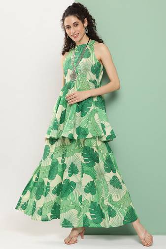 Green Print Cotton Blend Kurta Set