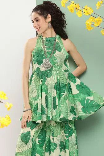 Green Print Cotton Blend Kurta Set
