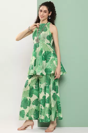 Green Print Cotton Blend Kurta Set