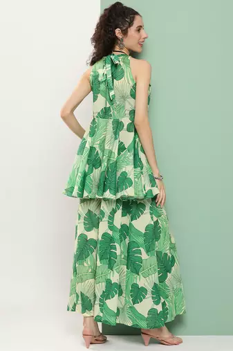 Green Print Cotton Blend Kurta Set