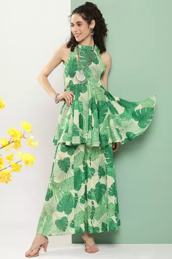 Green Print Cotton Blend Kurta Set