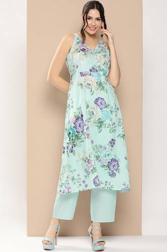 Blue Print Cotton Blend Kurta Set