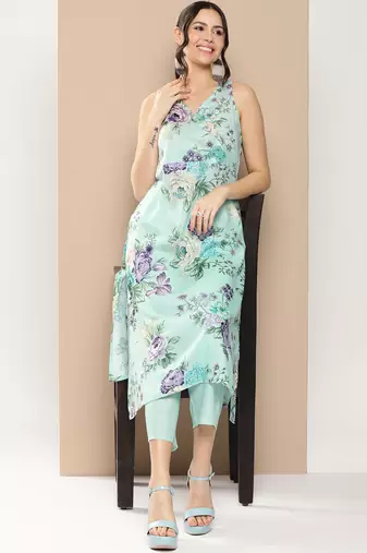 Blue Print Cotton Blend Kurta Set