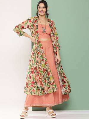 Peach Print Cotton Blend Flared Kurta Set 1